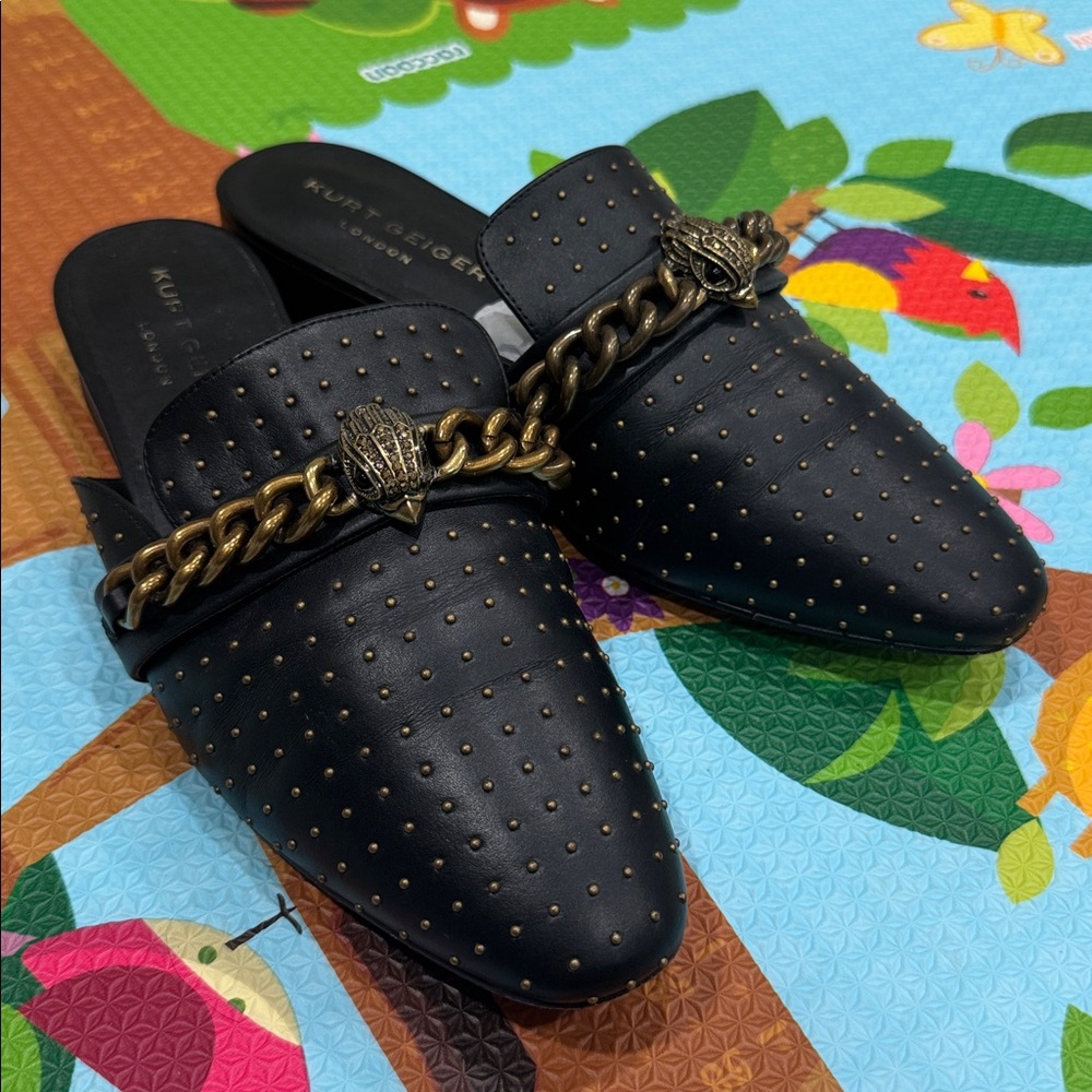 Kurt Geiger Chelsea Black and Gold Studded Mules